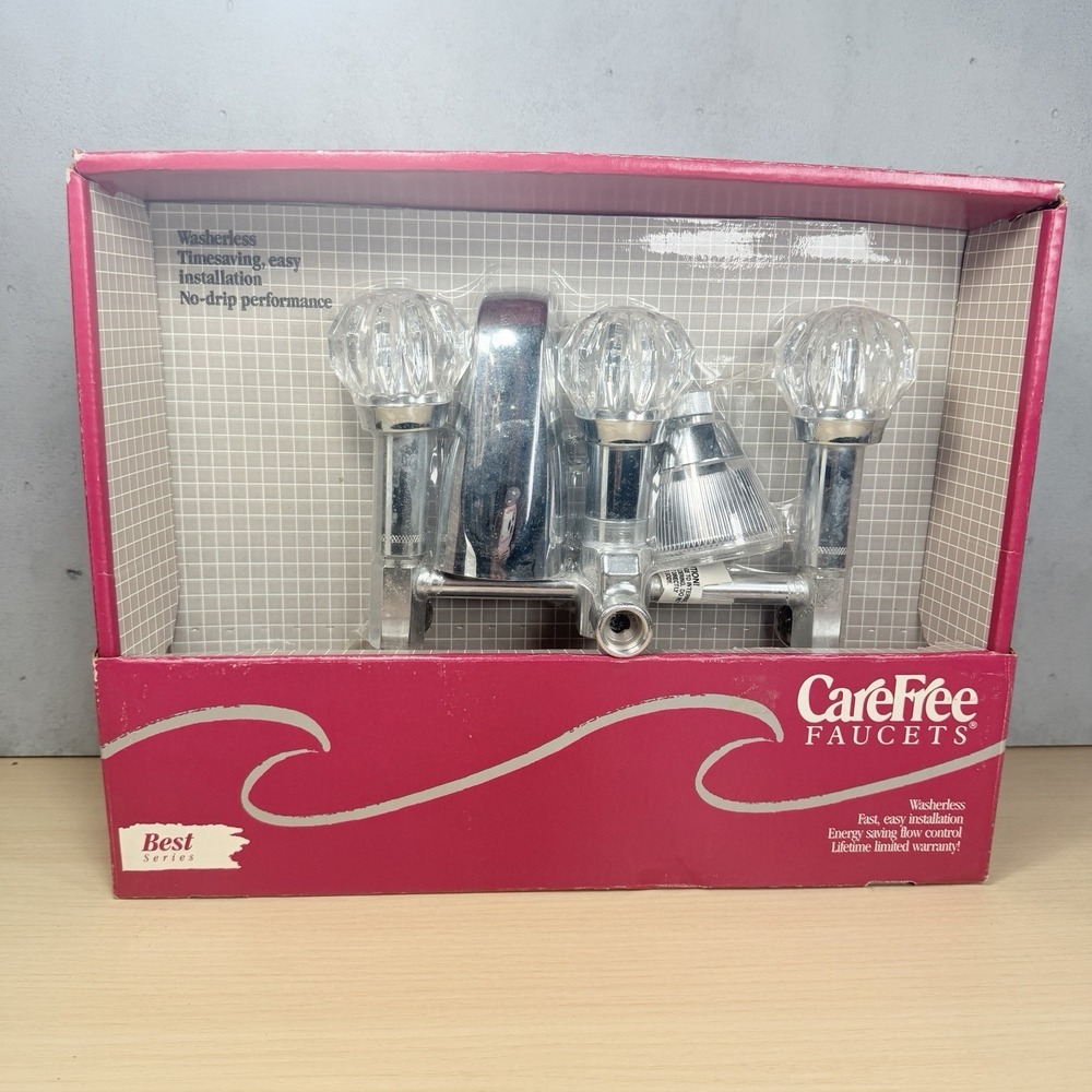 Vintage New Universal-Rundle Carefree Faucet 3 Knob Handle Fixtures 8" Chrome